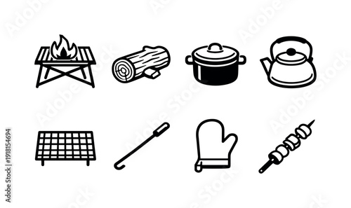 Outdoor camping fire cooking: campfire grill, firewood log, cooking pot, kettle, grill grate, fire poker, heat glove, food skewer