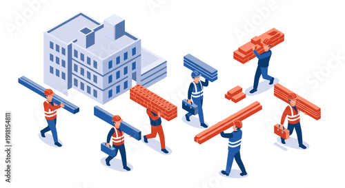 Construction Workers Carrying Building Materials.
