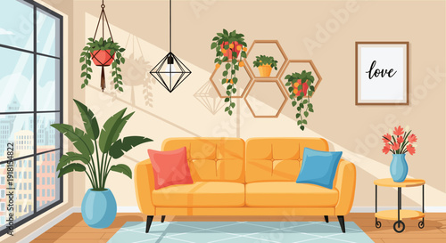 Modern cozy living room interior illustration with sofa plants wall decor home design flat vector