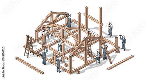 Construction Workers Building Wooden House Frame.