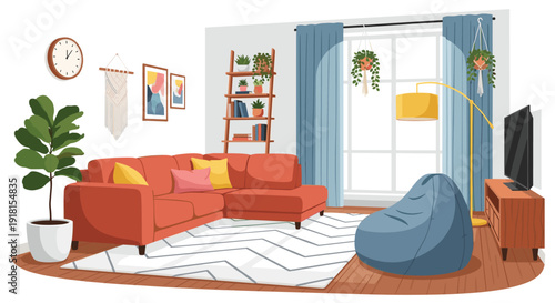 Modern cozy living room interior illustration with sofa, bean bag, plants, window curtains, stylish furniture, and home decor in warm minimalist Scandinavian style