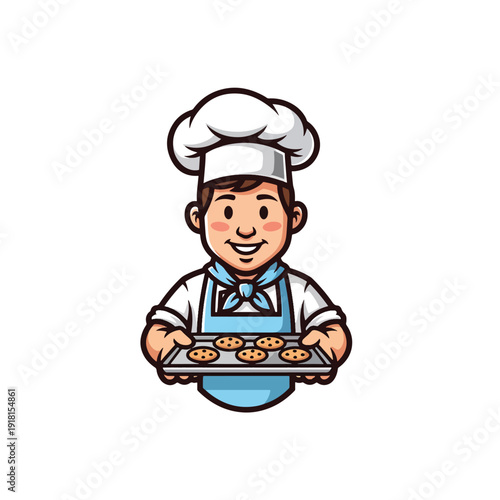 Friendly male baker proudly presenting fresh cookies on a tray, a cheerful cooking illustration