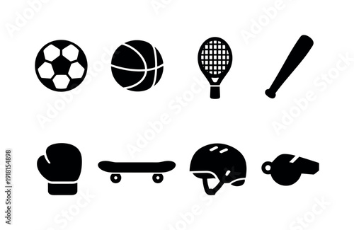 Outdoor sports equipment: soccer ball, basketball, tennis racket, baseball bat, boxing glove, skateboard, helmet, whistle