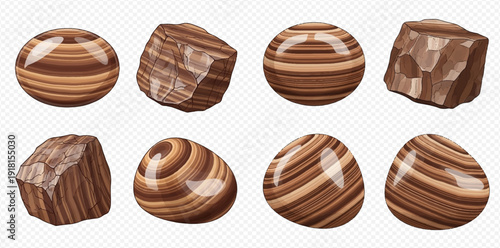 Set of malachite stones and polished striped rocks with natural patterns.