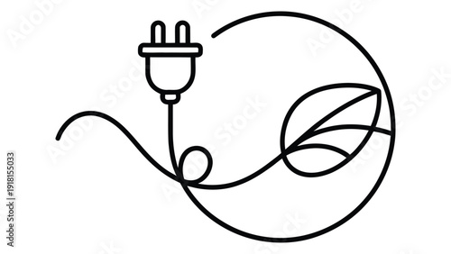 Continuous line drawing of electric plug with green leaf, eco energy sustainability and renewable power concept illustration