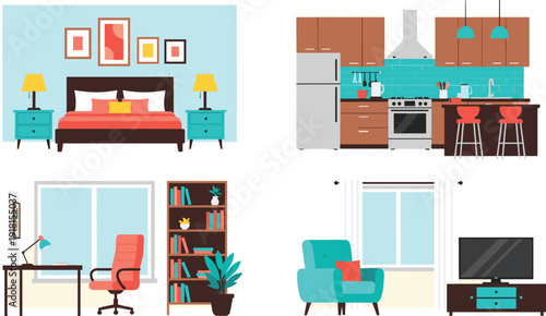 Modern home interior rooms set illustration bedroom kitchen office living room flat vector design