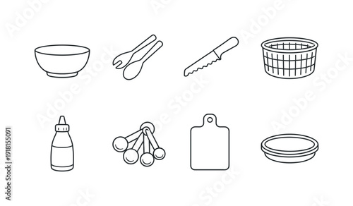 Kitchen salad tools: salad bowl, salad tongs, lettuce knife, spinner basket, dressing bottle, measuring spoon, cutting board, storage lid