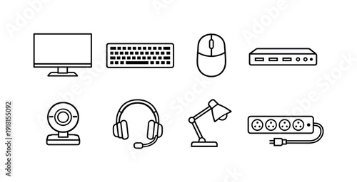 Office desk technology basics: desktop monitor, keyboard, mouse, docking station, webcam, headset, desk lamp, power strip