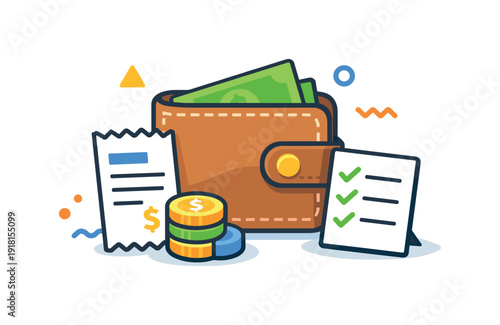 Clear budgeting and everyday financial control, a large central wallet icon as the main object, and around it a tiny micro-scene: a small receipt card
