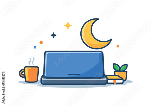 Calm daily habit of preparing a simple evening wind down routine after a busy day, a closed laptop paired with a crescent moon icon symbolizing
