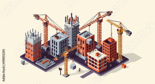 Isometric Construction Site with Buildings and Cranes.