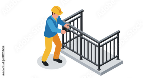 Man Installing Metal Railing with Power Tool.