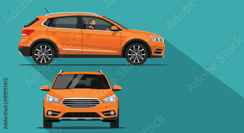 Modern orange SUV car front side views, compact crossover vehicle design, transportation flat vector illustration