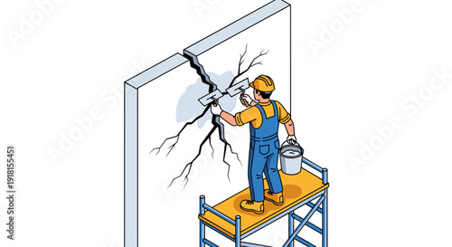 Man Painting Cracked Wall on Scaffolding.
