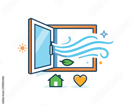 Comfortable indoor air quality and breathing comfort in daily home life, a window slightly open combined with airflow lines representing fresh air and
