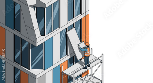 Man Working on Scaffolding Outside Building.