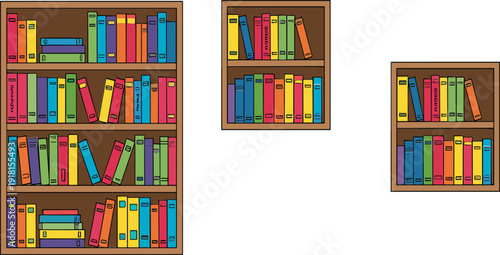 Colorful bookshelf collection with stacked books wooden shelves library education reading vector illustration isolated design set