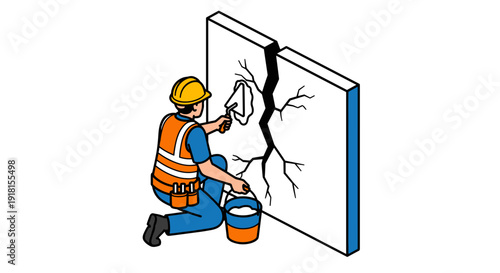 Painter Painting Cracked Wall with Brush.