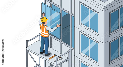 Window Cleaner on Scaffolding Outside Building.