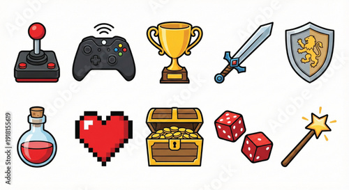 Gaming and Fantasy Icons Set – Video Game Elements Collection Isolated on White