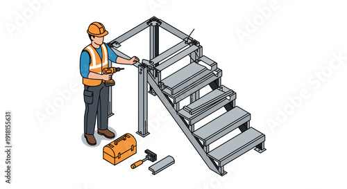 Worker Assembling Metal Staircase Structure.
