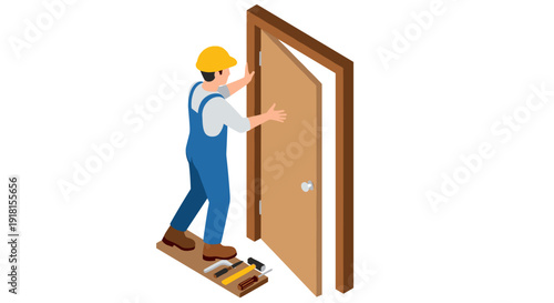 Worker Installing Door with Tools.