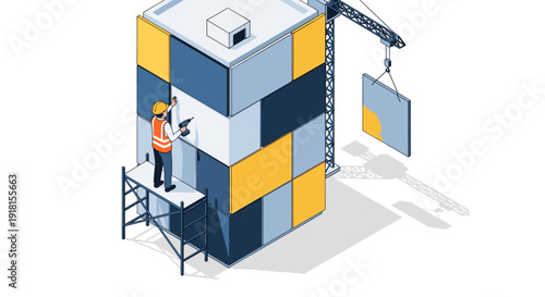 Worker Assembling Shipping Container Structure.