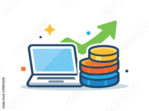 Modern financial independence and multiple income streams enabled by digital platforms and smart tools, a stacked coin icon combined with a laptop and