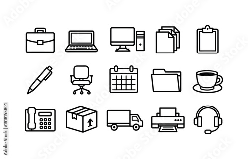 Commercial Service Delivery in linear style: briefcase, laptop, desktop computer, document stack, clipboard, pen, office chair, calendar, folder