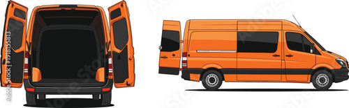 Orange cargo van rear side views with open doors, delivery transport vehicle, commercial flat vector illustration