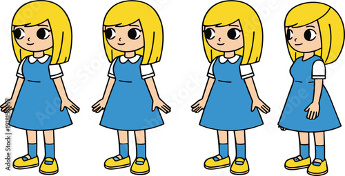 Cute blonde girl character wearing blue dress cartoon children vector illustration collection isolated design set