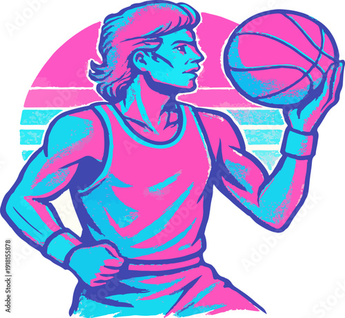 Vibrant retro style basketball player holding a ball, colorful 80s inspired athletic illustration representing sports energy, confidence and vintage design aesthetics.