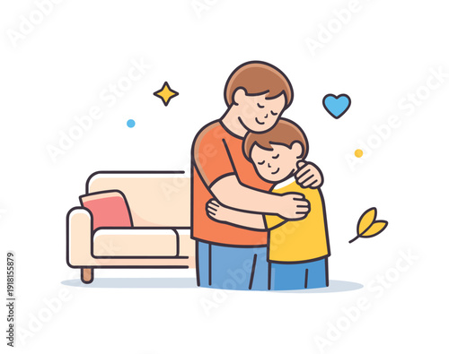 Everyday family care expressed through quiet supportive moment in daily home life, a parent gently hugging a child while standing near a simple sofa