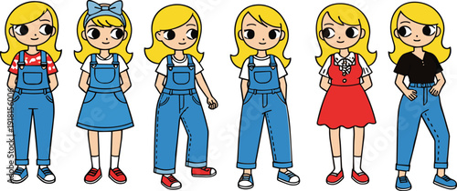 Cute blonde girl character wearing casual outfits cartoon children fashion vector illustration collection isolated set