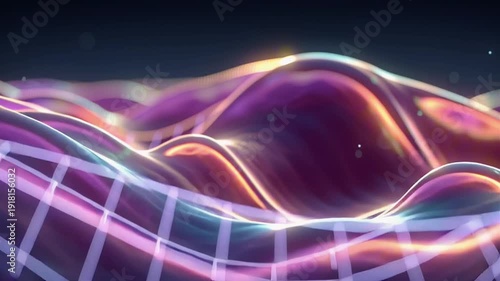 Futuristic neon holographic wavy surface, metallic silk texture iridescent foil reflections, deep purple base glowing pink electric blue highlights geometric grid glowing beneath surface plasma energy