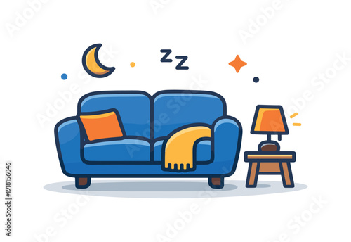 Everyday emotional comfort and slowing down in the evening after routine tasks, a soft sofa paired with a small lamp symbolizing rest and a calm home