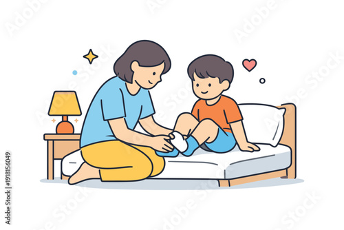 Everyday family care expressed through simple supportive action in daily home life, a parent gently helping a child put on socks while sitting on a