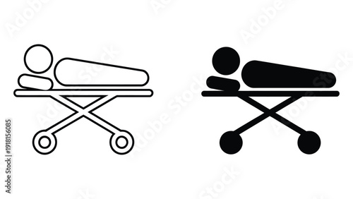 Hospital stretcher patient transport icon set in outline and solid style, medical emergency ambulance healthcare vector illustration