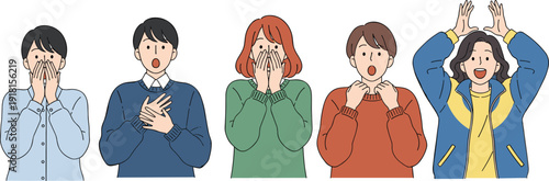 People showing surprised shocked emotional reactions, facial expressions set, modern flat character illustration, vector design