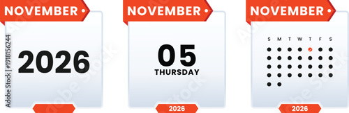 November 5 Thursday 2026 calendar icon set vector illustrator. Checklist day calender. Schedule date, appointment, month, week, agenda, Containing, organization and event Editable line icons.
