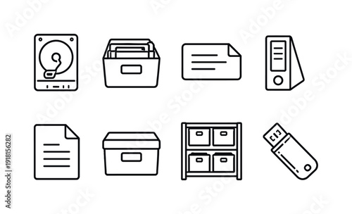 Media asset management outline solid black lines vector style: hard drive, file box, label sticker, binder, paper sheet, archive box, storage shelf