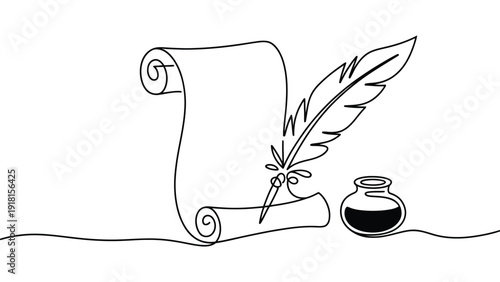 Continuous line drawing of vintage parchment scroll with feather quill and ink bottle, classic writing literature concept illustration