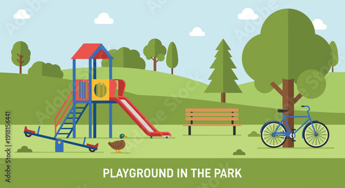 Playground in the park illustration, children play area, slide swing, green nature landscape, flat vector – flavector
