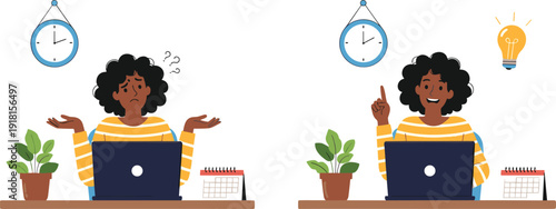 Problem solving illustration, confused and happy woman working on laptop, idea solution concept, productivity, flat vector – flavector