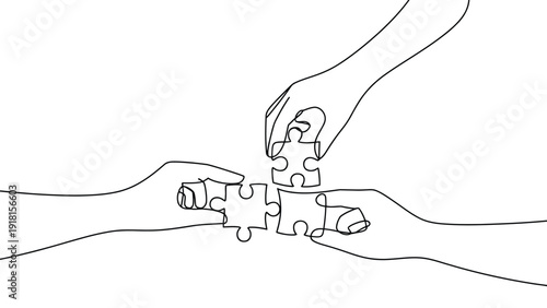 Continuous line drawing of hands connecting puzzle pieces, teamwork partnership unity collaboration and problem solving concept illustration