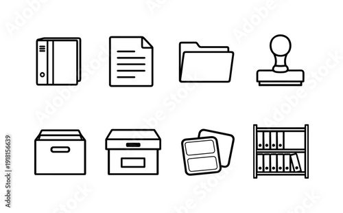 Service solutions documentation outline solid black lines vector style: binder, paper sheet, folder, stamp, file box, archive box, label sticker