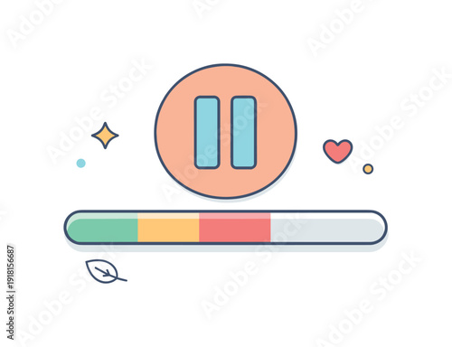 Intentional stillness and productive pause in workflows where stopping is part of progress rather than failure, a calm pause symbol resting above an