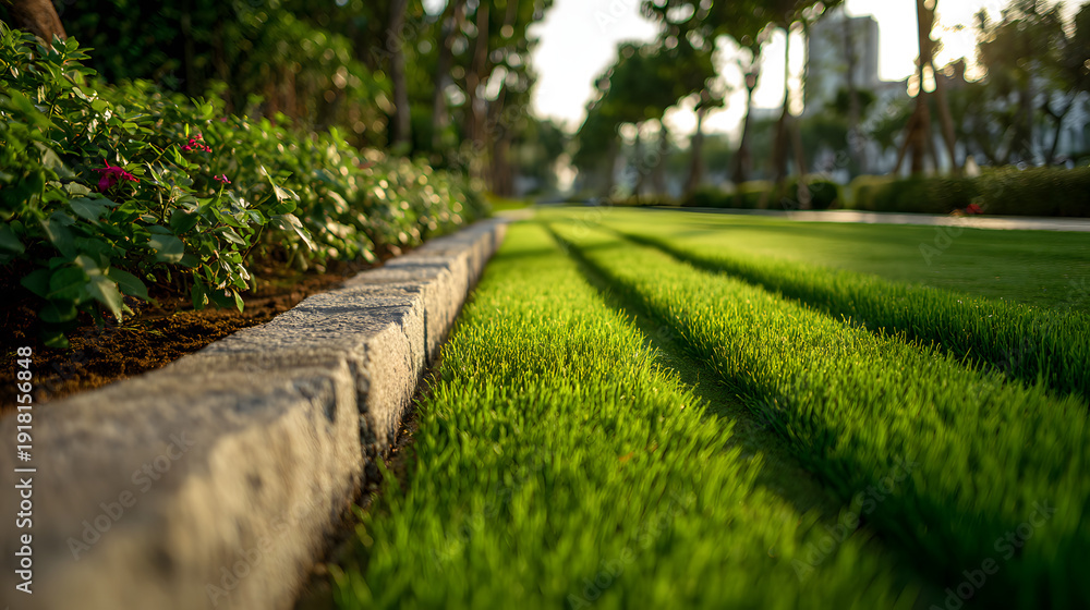 Obraz premium A close-up view of a commercial lawn with healthy green grass and visible parallel mowing lines, free of weeds or debris, bordered by stone edging and clean mulch beds, soft early afternoon light