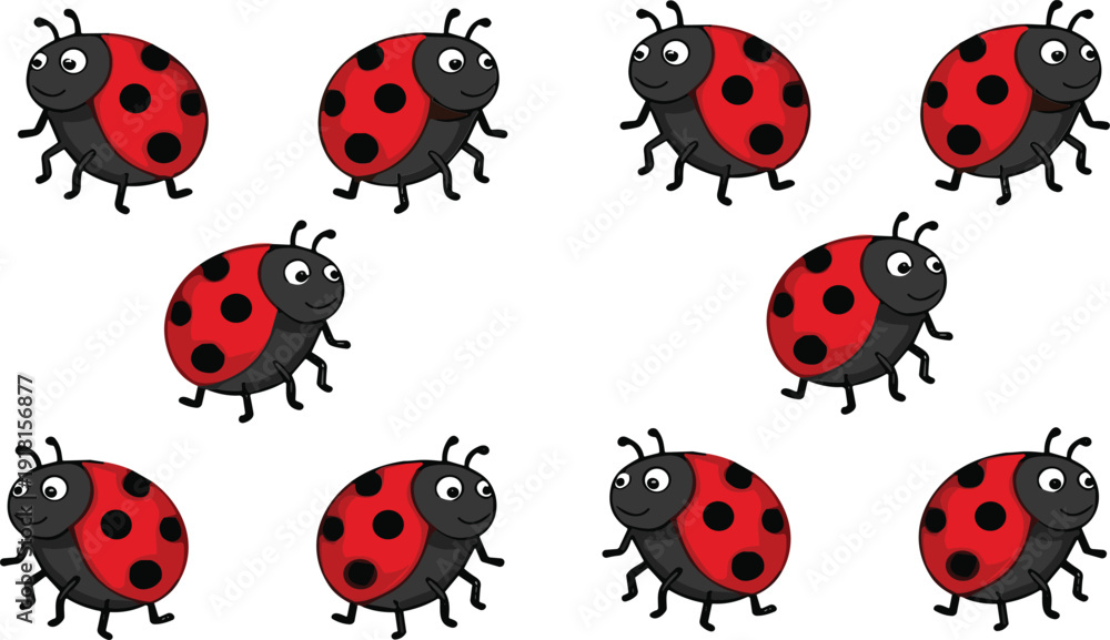 Naklejka premium Cute cartoon ladybug seamless pattern with red black spotted insects funny children vector illustration design background wallpaper