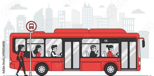 Red city bus with masked passengers, urban background, bus stop sign, public transport safety illustration - flavector